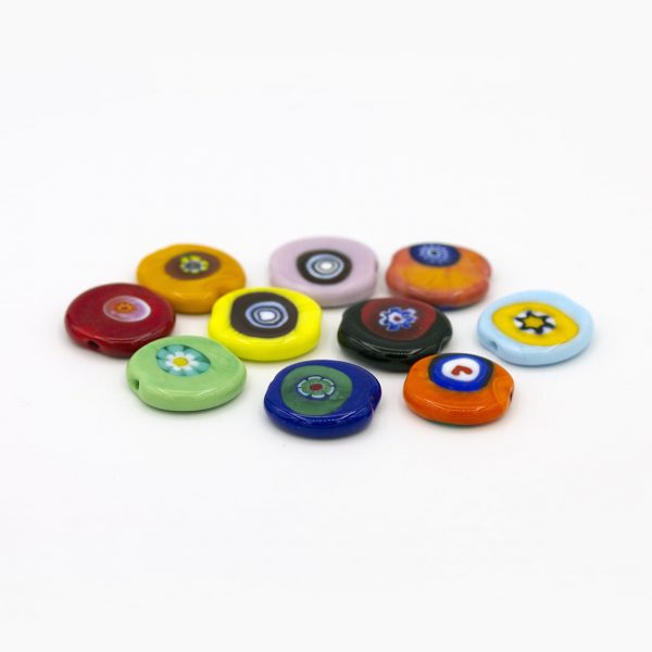 PERLA IN VETRO A LUME DI FORMA SCHIACCIATA CON MURRINE - FINITURA LUCIDA