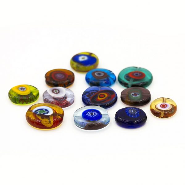 PERLA IN VETRO A LUME DI FORMA SCHIACCIATA CON MURRINE- FINITURA LUCIDA