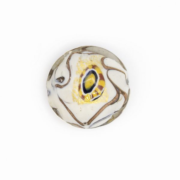 PERLA IN VETRO A LUME - FORMA LENTICOLARE CON FOGLIA D'ORO, MURRINE E FILIGRANA- FINITURA LUCIDA