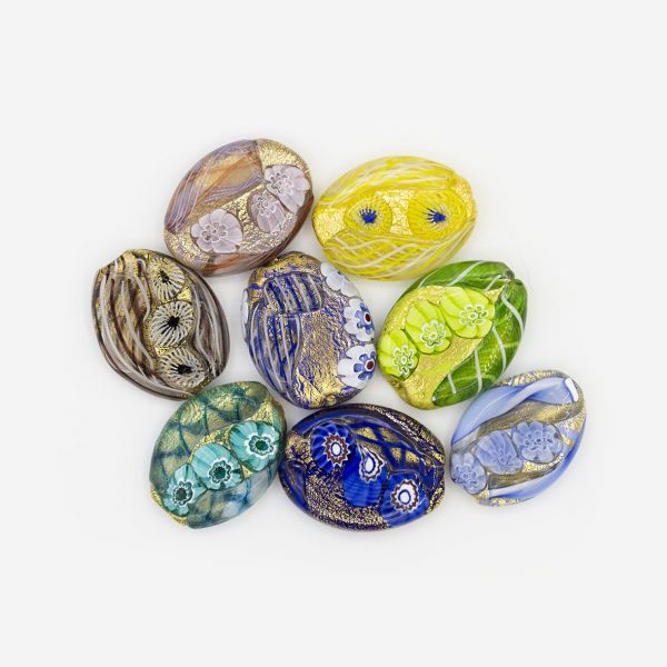 LAMP GLASS BEADS - FLAT OVAL WITH GOLD FOIL, MURRINAS AND FILIGREE - SHINE FINISH
