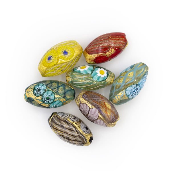 LAMP GLASS BEADS - OVAL SHAPED -  GOLD FOIL, MURRINAS AND FILIGREE - SHINE FINISH