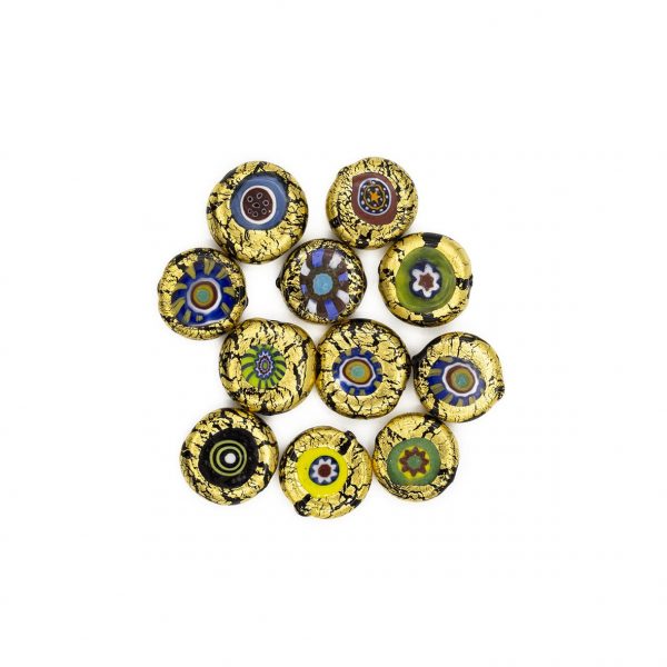 LAMP GLASS BEADS - FLAT ROUND SHAPED - GOLD FOIL, MURRINAS AND FILIGREE - SHINE FINISH