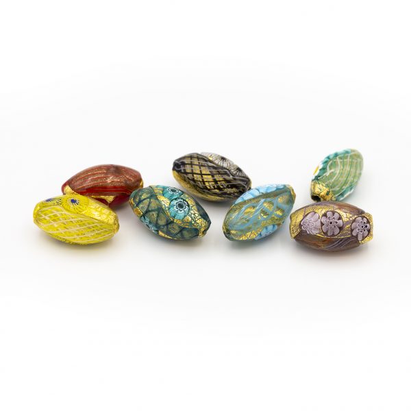 LAMP GLASS BEADS - OVAL SHAPED -  GOLD FOIL, MURRINAS AND FILIGREE - SHINE FINISH