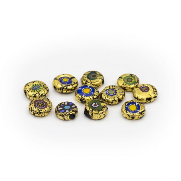 LAMP GLASS BEADS - FLAT ROUND SHAPED - GOLD FOIL, MURRINAS AND FILIGREE - SHINE FINISH