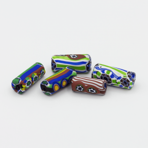PERLA IN VETRO A LUME - FORMA CILINDRICA CON FOGLIA D'ORO, MURRINE E FILIGRANA - FINITURA SATINATA