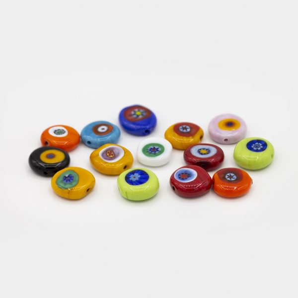 PERLA IN VETRO A LUME DI FORMA SCHIACCIATA CON MURRINE - FINITURA LUCIDA