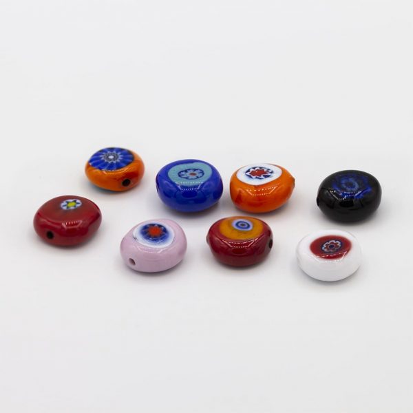 PERLA IN VETRO A LUME DI FORMA SCHIACCIATA CON MURRINE - FINITURA LUCIDA