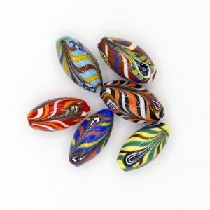 PERLA IN VETRO A LUME - FORMA OLIVA PIUMATA CON MURRINE - FINITURA LUCIDA