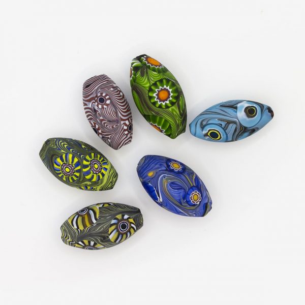 PERLA IN VETRO A LUME - FORMA OLIVA CON MURRINE - FINITURA SATINATA